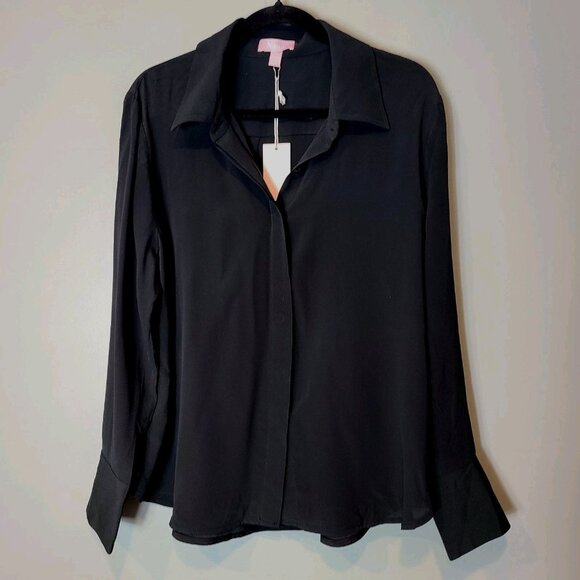 Numi The Simone Top Washable Silk Collared Black Minimalist Office New Old Money - Picture 2 of 11